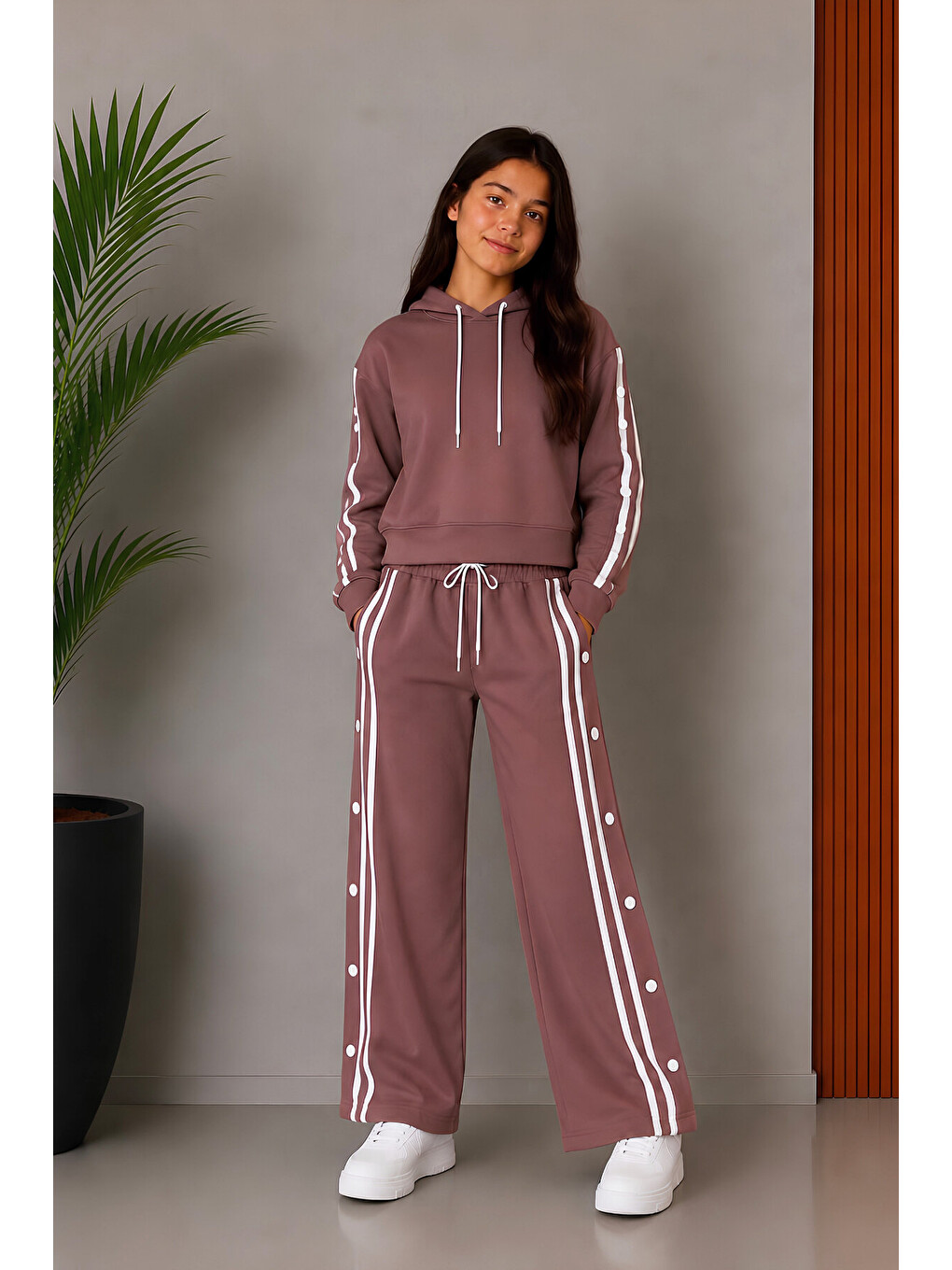 Pembe Kız Çocuk Çıtçıtlı+kapüşonlu+double Face Kumaş Alt-üst Takım 5-15 Yaş 12765sk-1
