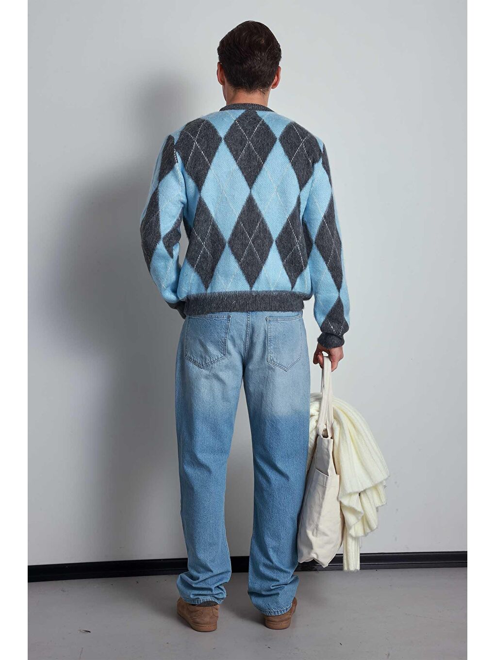 Erkek Baklava Desenli Oversize Kazak Mavi-4