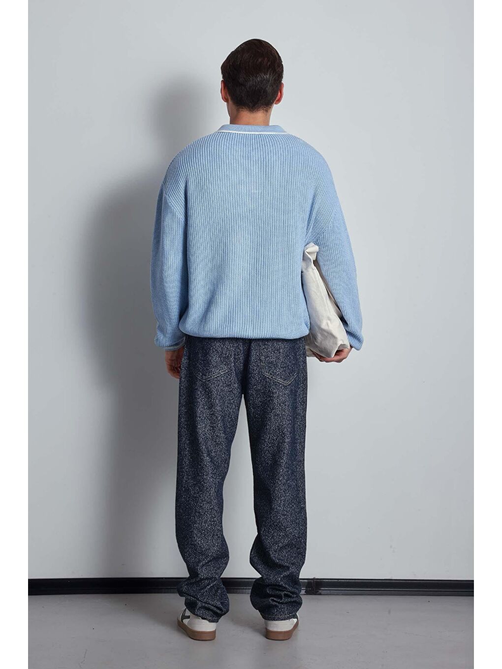 Erkek Oversize Polo Yaka Kontrast Detaylı Triko Kazak Açık Mavi-5