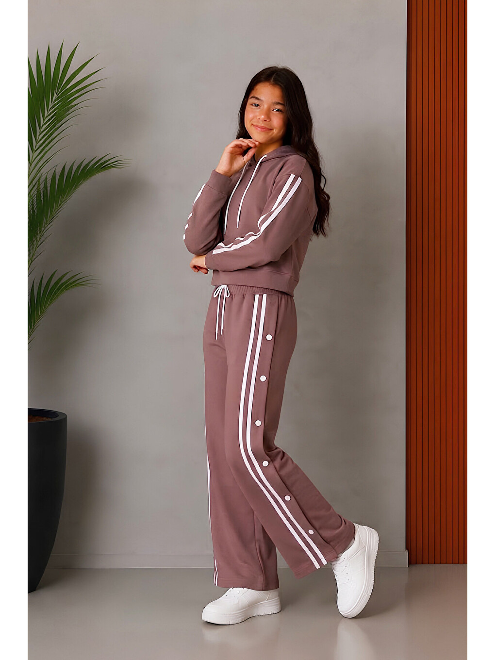 Pembe Kız Çocuk Çıtçıtlı+kapüşonlu+double Face Kumaş Alt-üst Takım 5-15 Yaş 12765sk-2