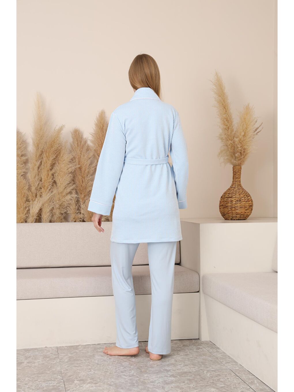 Bebe Mavisi Çizgili Sabahlıklı Emzirmeye Uygun Hamile ve Lohusa Pijama Takımı-2