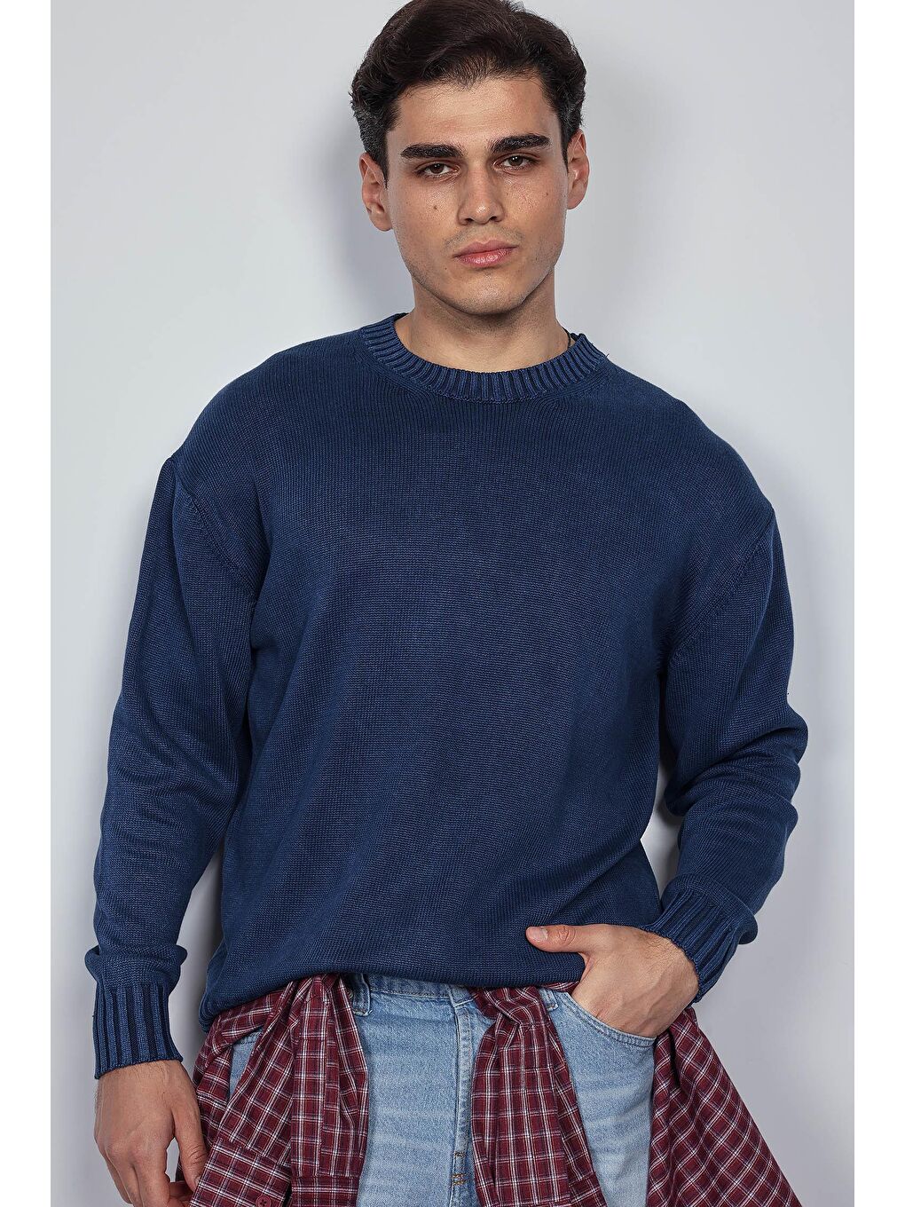 Erkek Oversize Bisiklet Yaka Basic Triko Kazak Lacivert-4