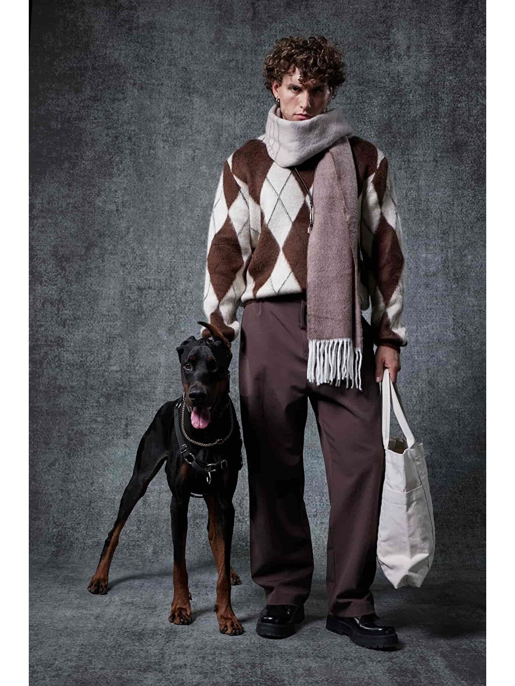 Erkek Baklava Desenli Oversize Kazak Kahverengi