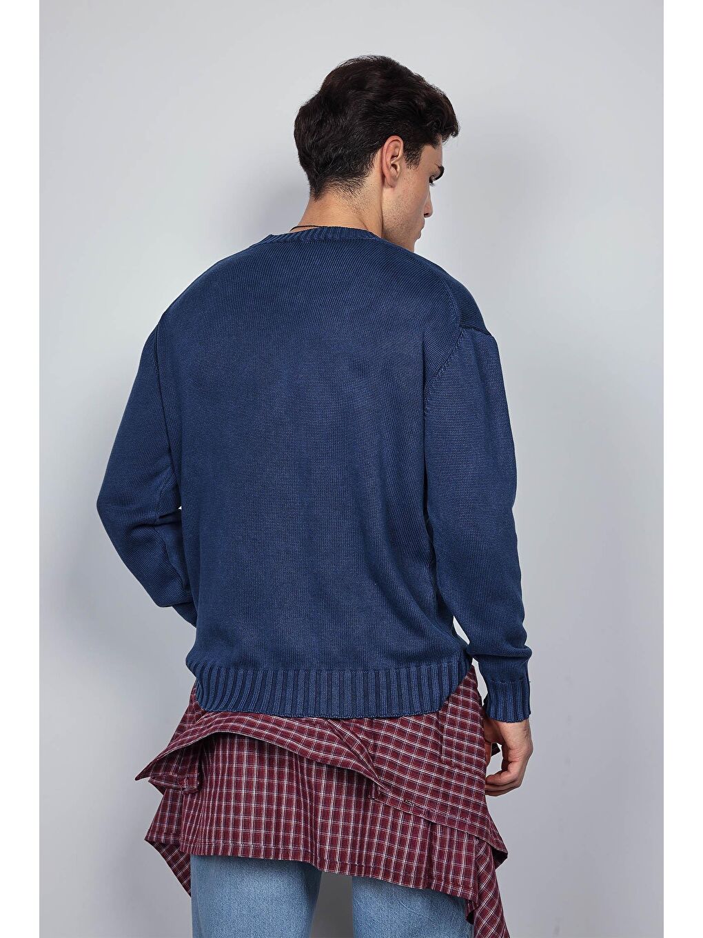 Erkek Oversize Bisiklet Yaka Basic Triko Kazak Lacivert-5