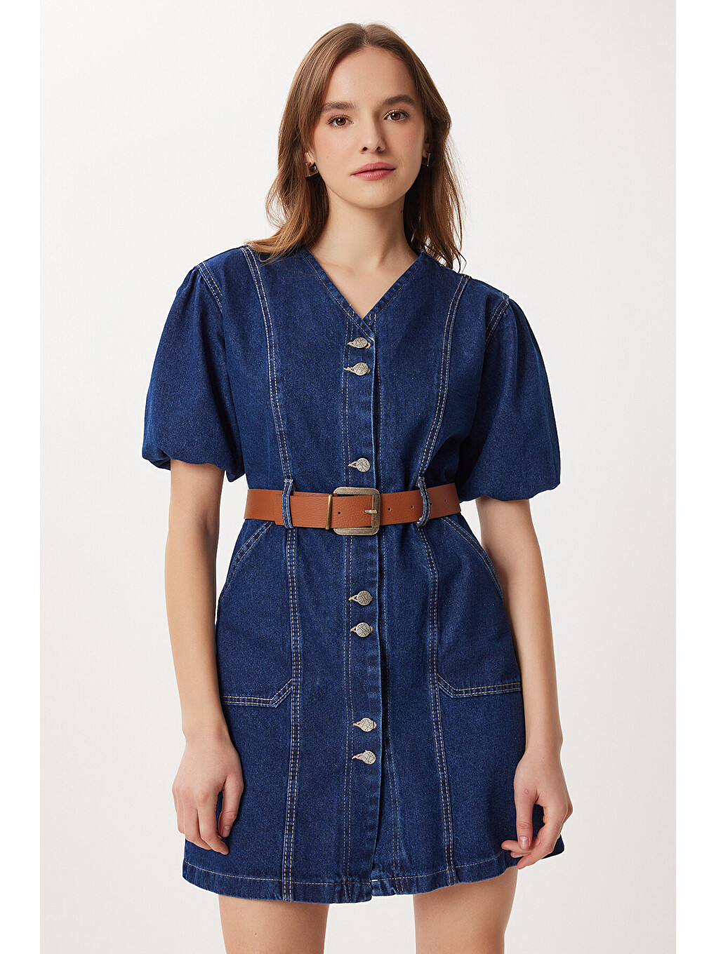 Mavi Balon Kollu Kemerli Denim Elbise KOYU MAVİ LAN0087-1