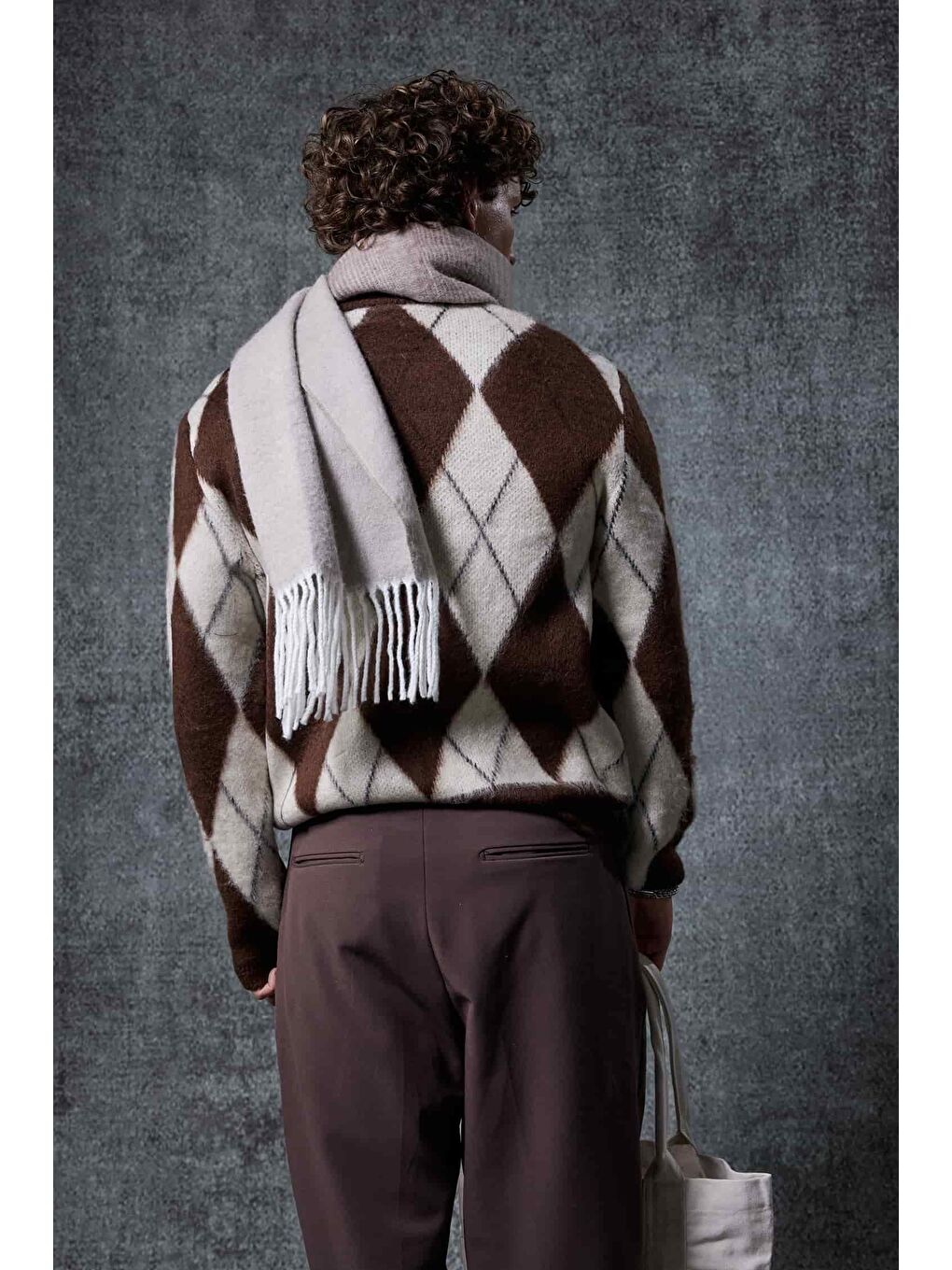 Erkek Baklava Desenli Oversize Kazak Kahverengi-2