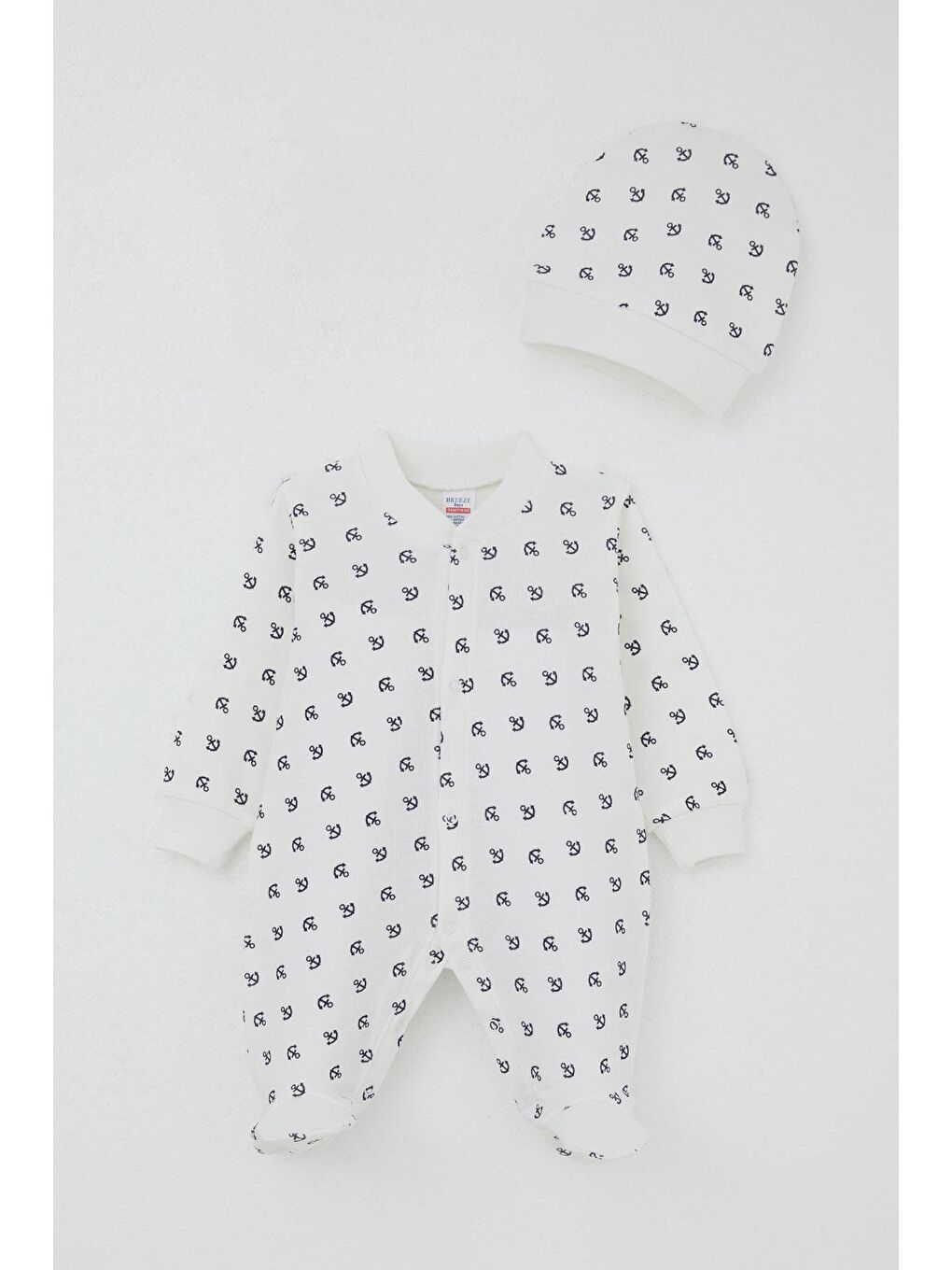 Erkek Bebek Patikli Tulum Deniz Temalı Çapa Desenli Ekru (0-6 Ay)