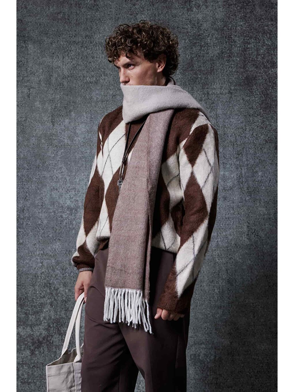 Erkek Baklava Desenli Oversize Kazak Kahverengi-3