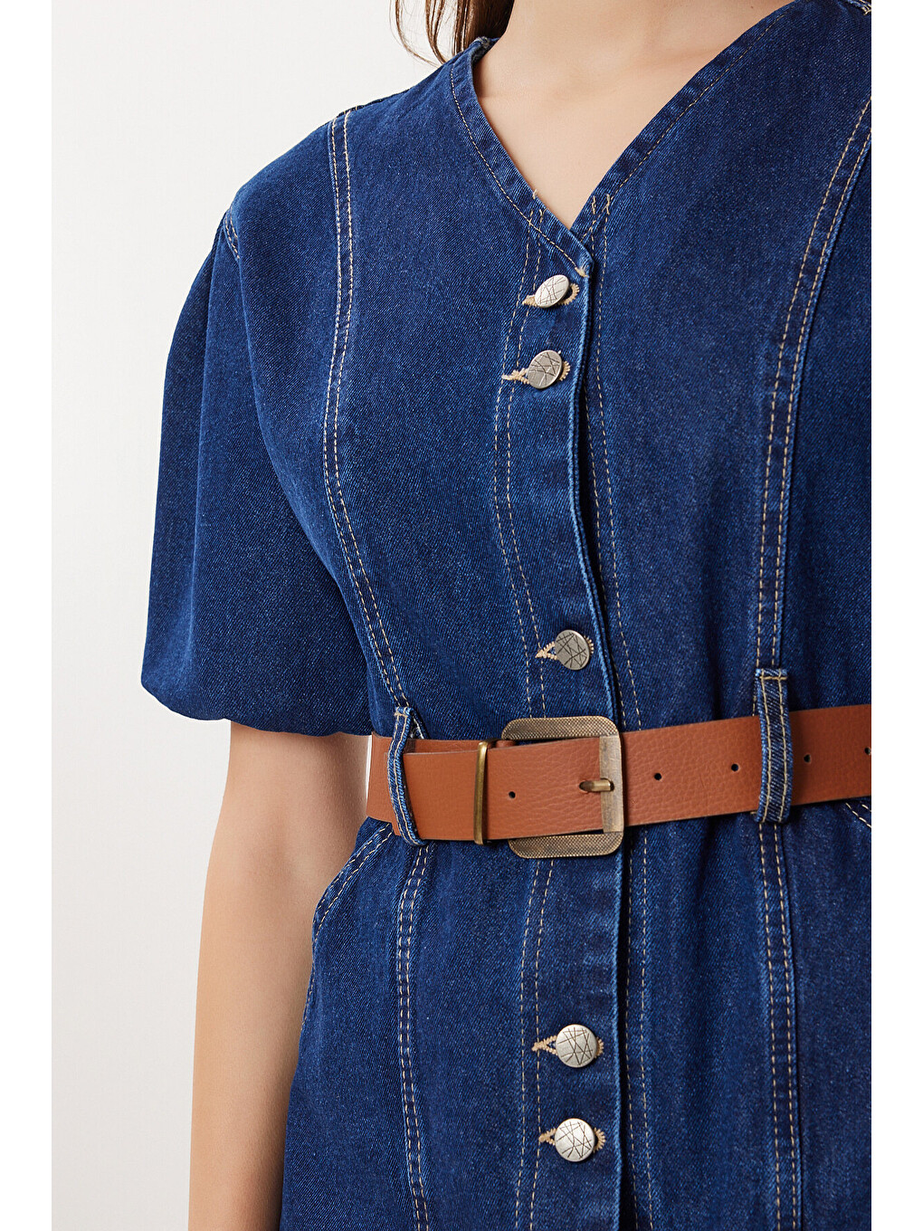 Mavi Balon Kollu Kemerli Denim Elbise KOYU MAVİ LAN0087-3