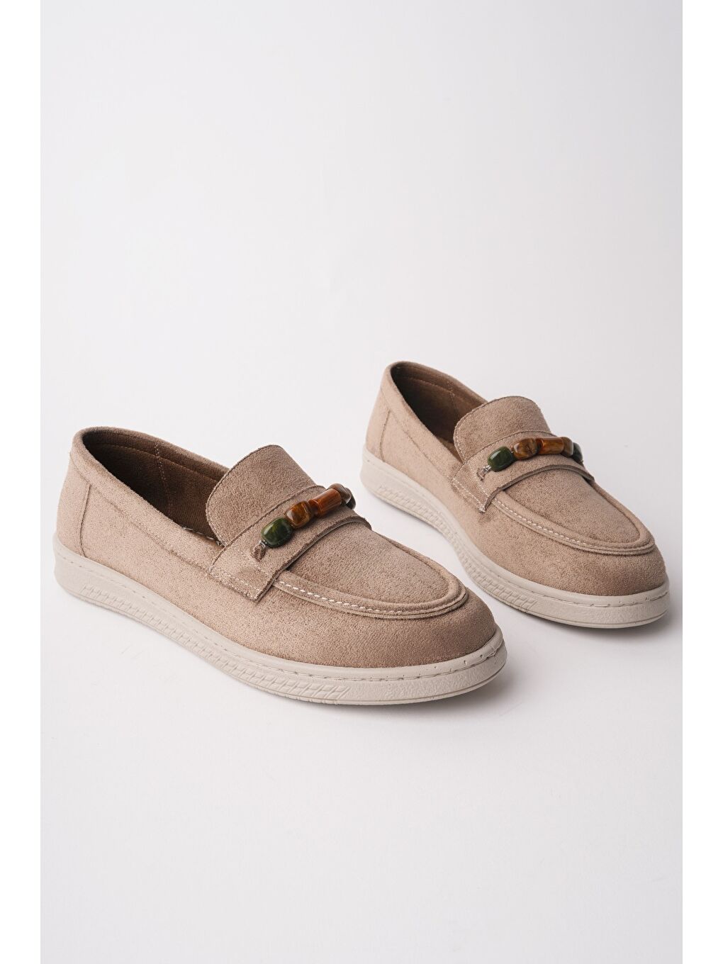 Bej AUREVA Boncuk Detaylı Süet Kadın Günlük Loafer Ayakkabı-1