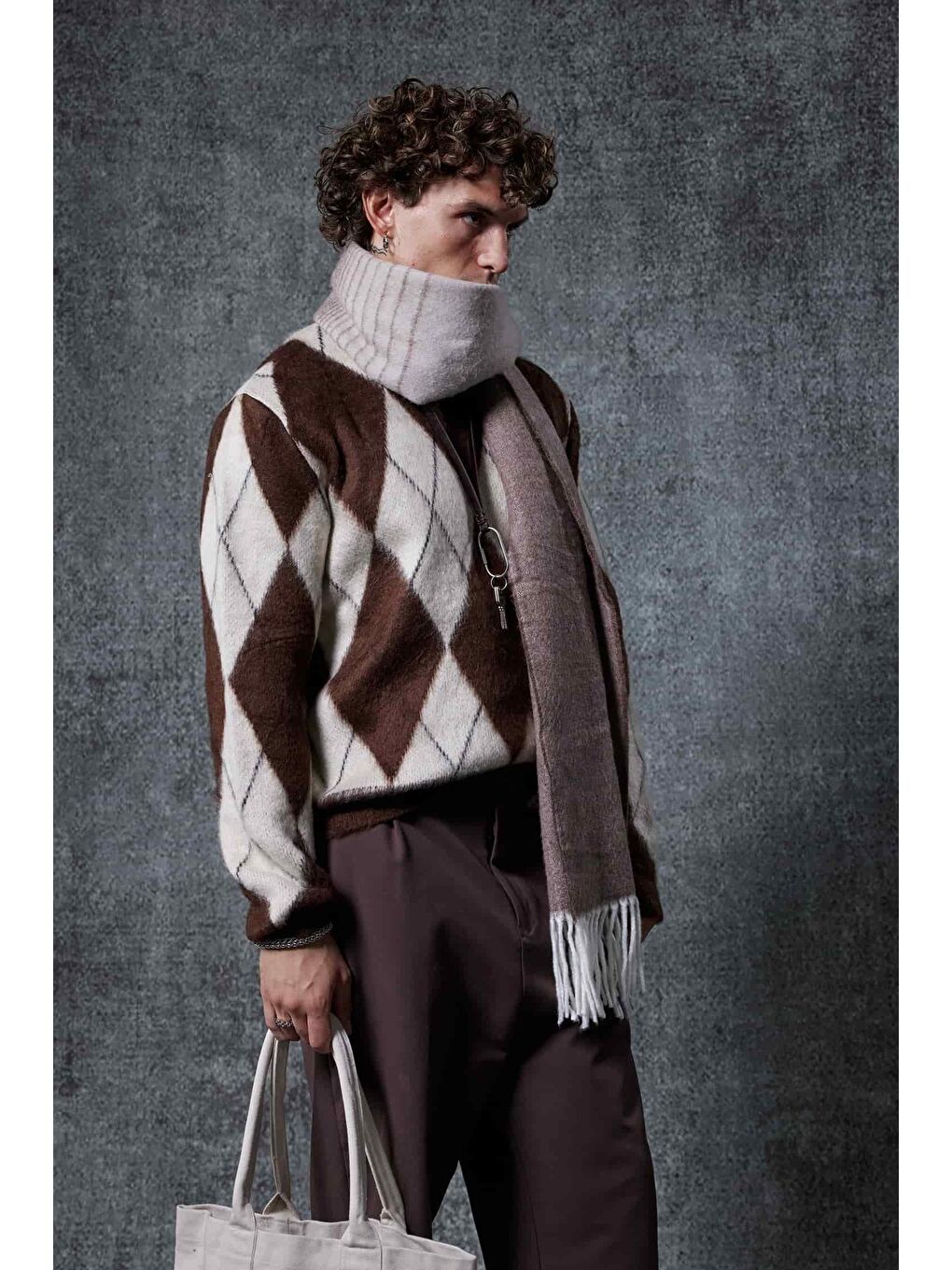 Erkek Baklava Desenli Oversize Kazak Kahverengi-4