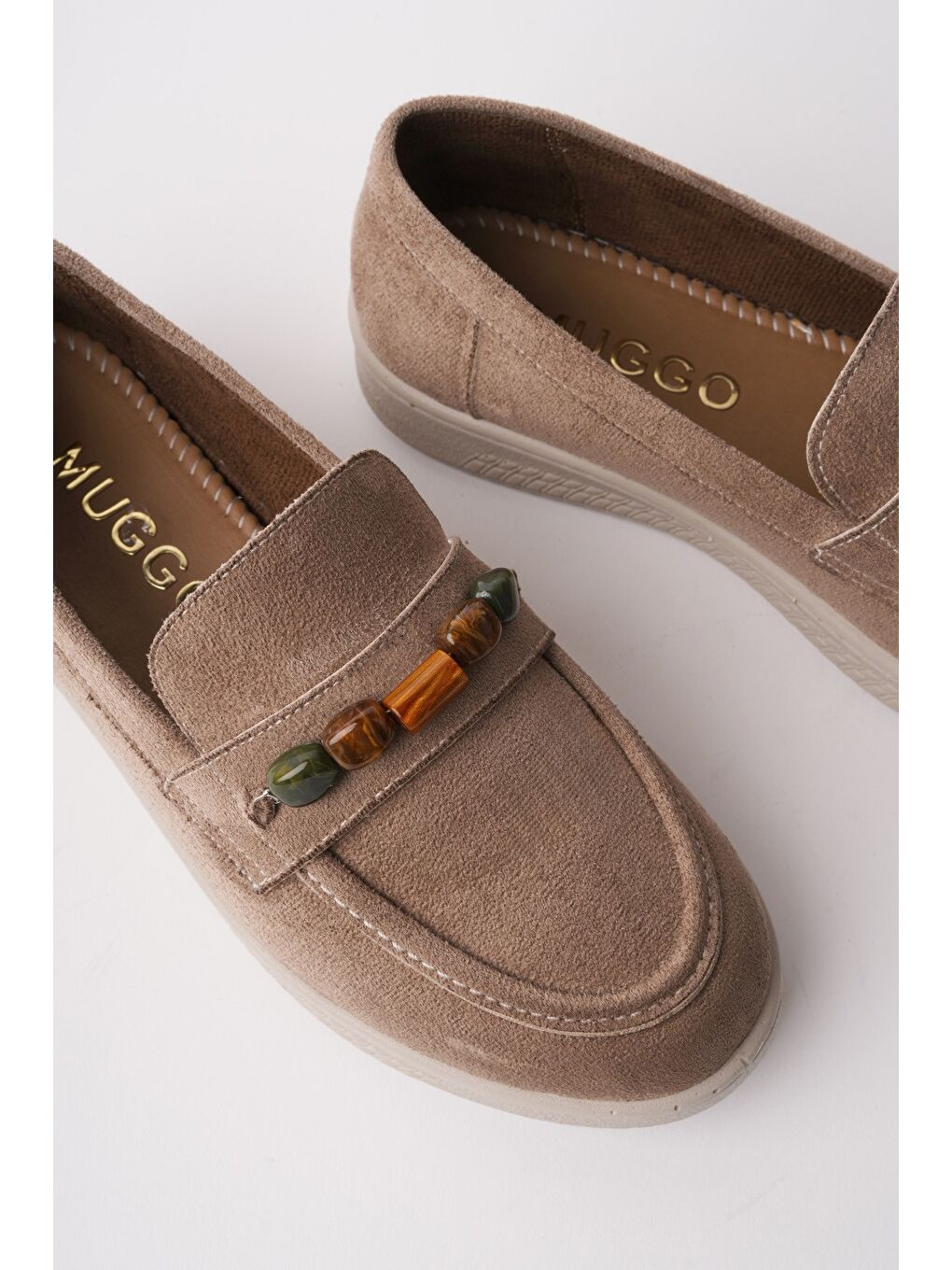 Bej AUREVA Boncuk Detaylı Süet Kadın Günlük Loafer Ayakkabı-3