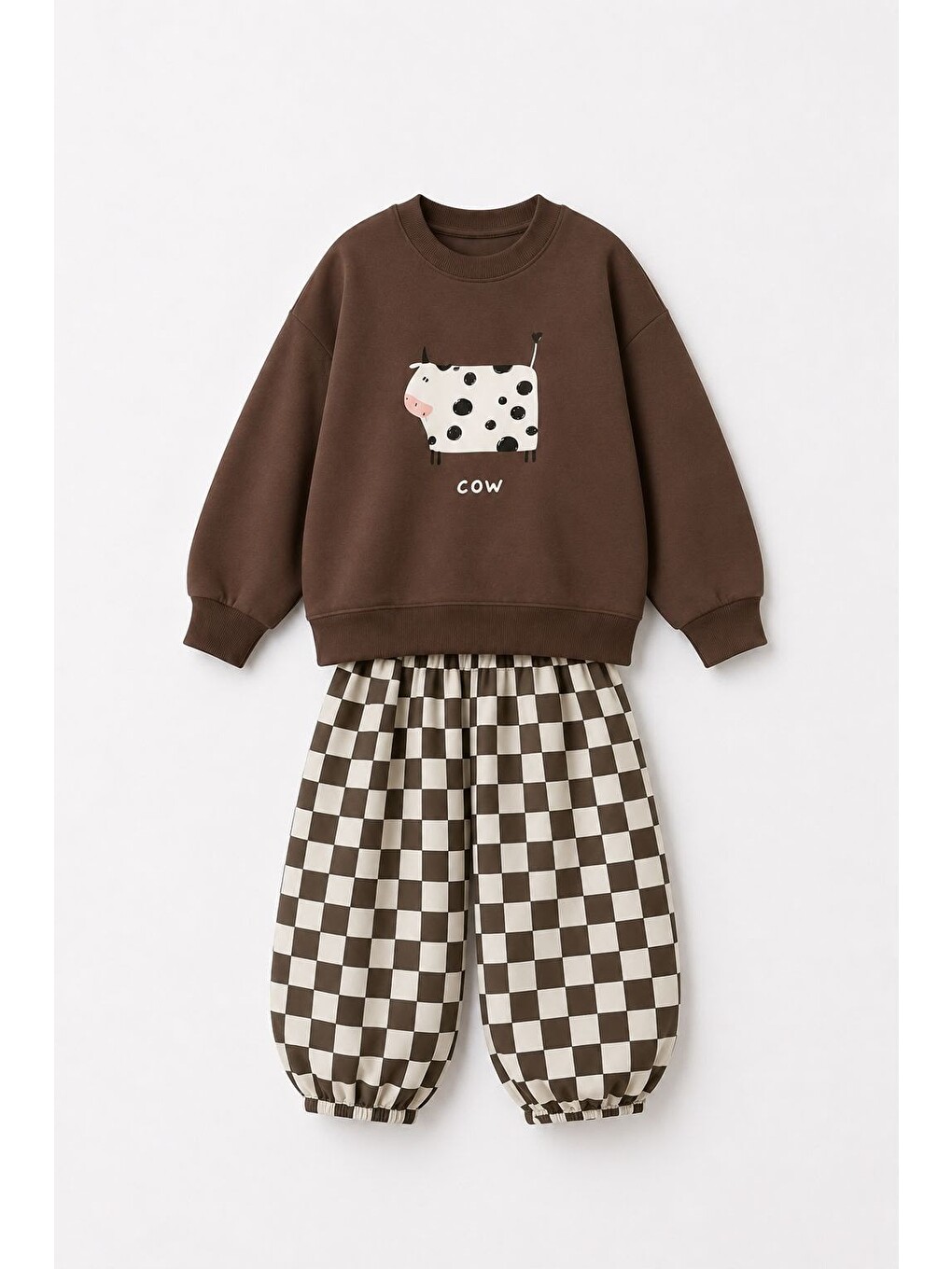 Karışık Çocuk Baskılı Kahverengi Sweatshirt Ve Dama Desenli Eşofman Altı Takımı