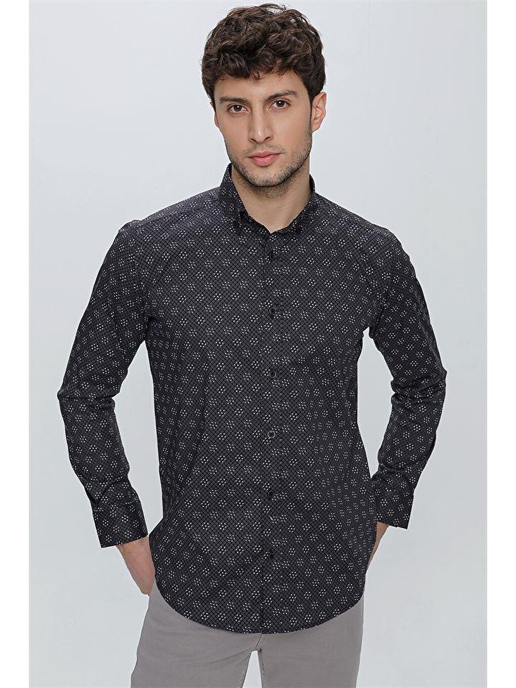 Siyah Uzun Kol Klasik Slim Fit Pamuklu Elastanlı Gömlek 1004225244-1