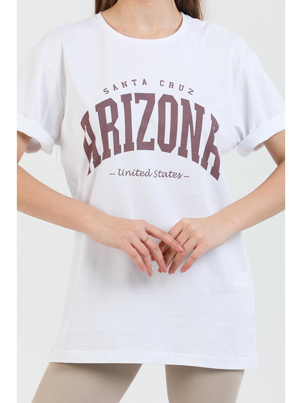 Beyaz Arizona Baskılı Pamuklu Bisiklet Yaka Oversize Kadın Tişört.-4