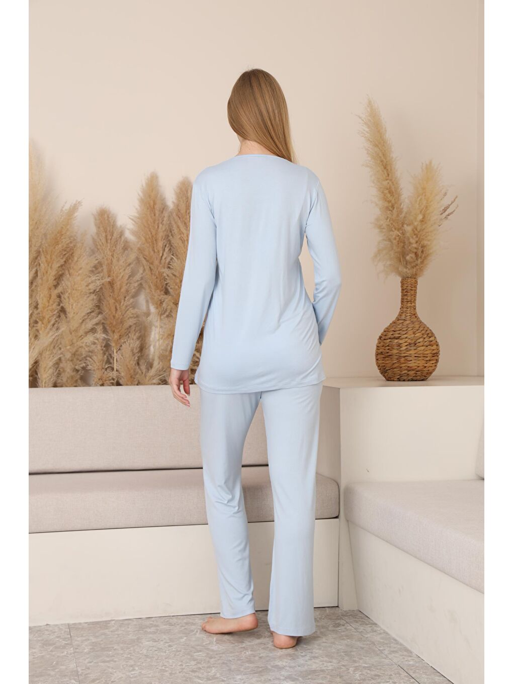 Bebe Mavisi Çizgili Sabahlıklı Emzirmeye Uygun Hamile ve Lohusa Pijama Takımı-4