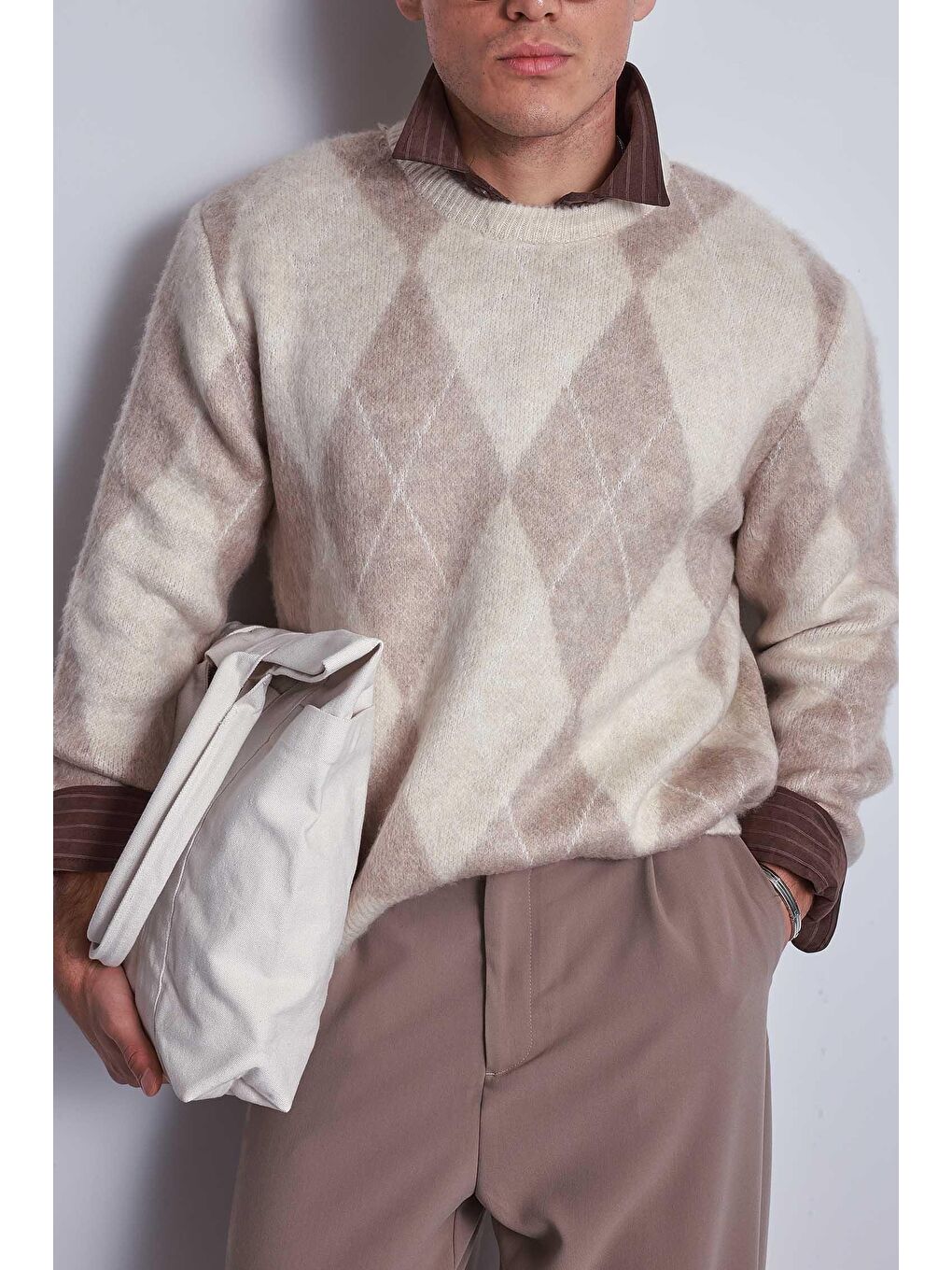 Erkek Baklava Desenli Oversize Kazak Bej-1