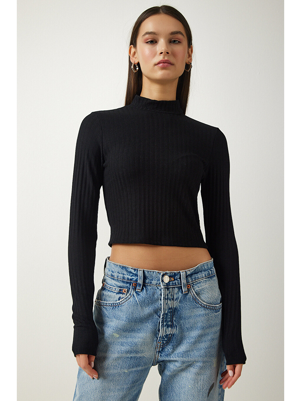 Siyah Balıkçı Yaka Fitilli Crop Örme Bluz SİYAH LAH0004-2