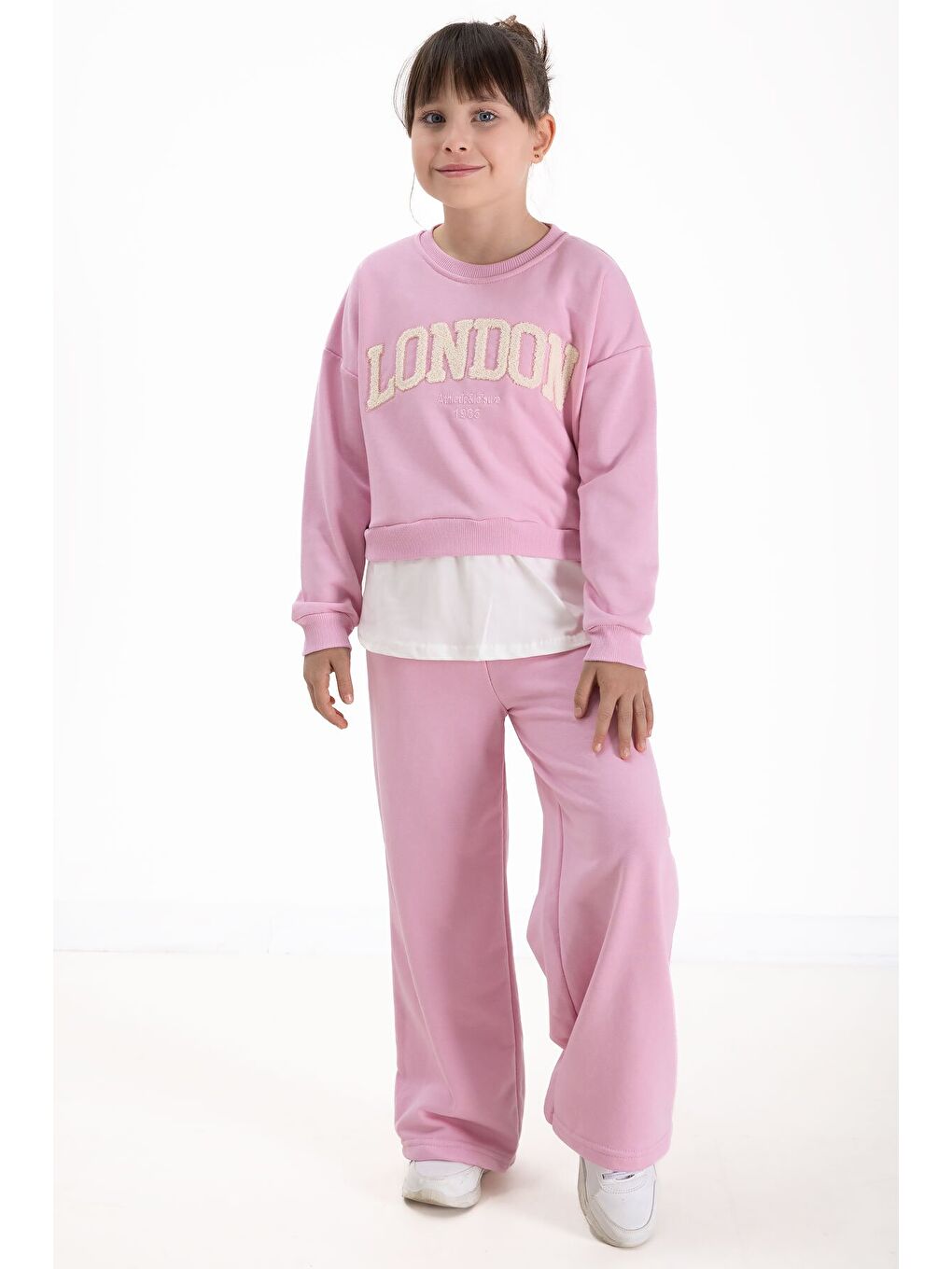 Toz Pembe London Yazılı Nakışlı Kız Çocuk Geniş Paça Eşofman Takımı 22726-1