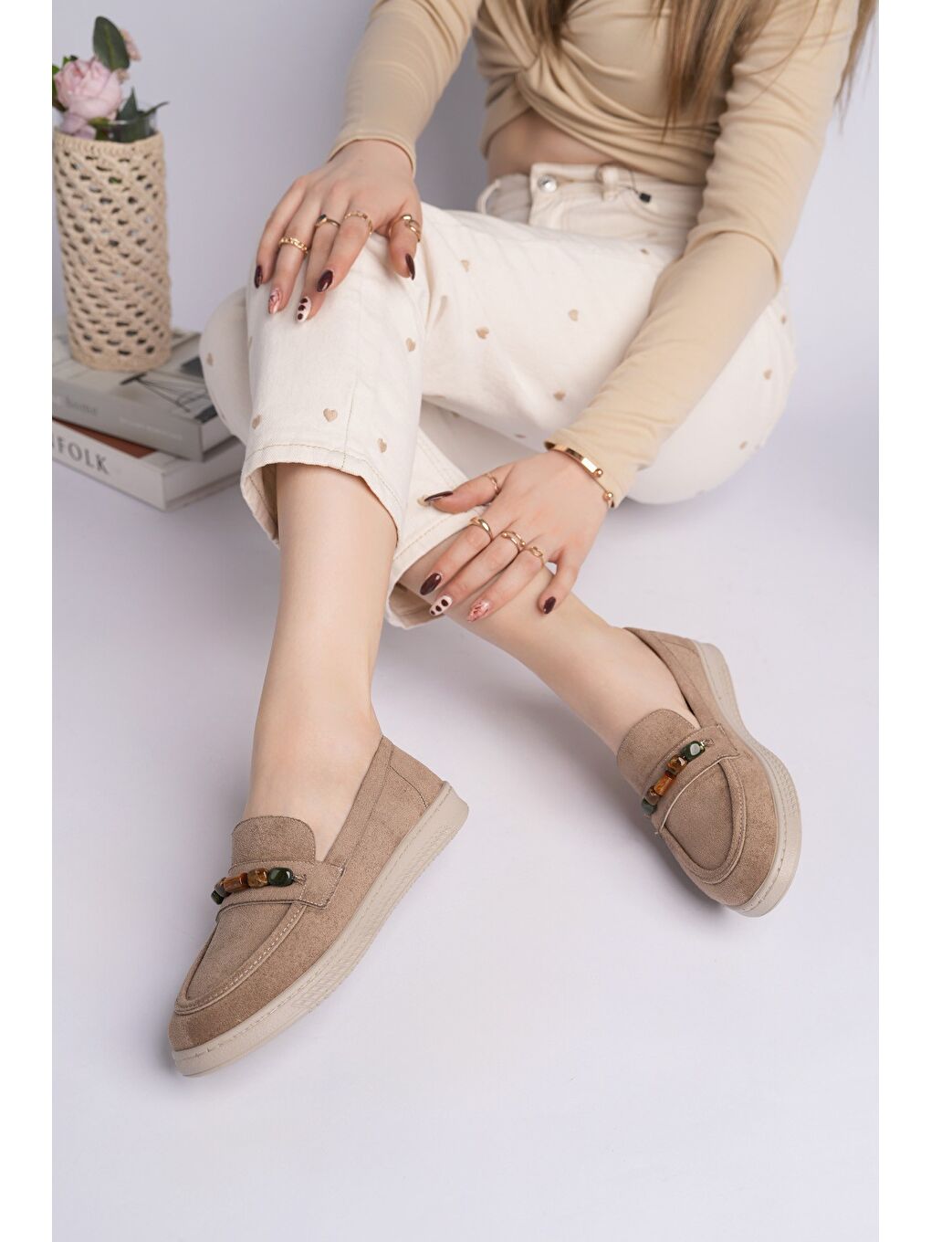 Bej AUREVA Boncuk Detaylı Süet Kadın Günlük Loafer Ayakkabı-6