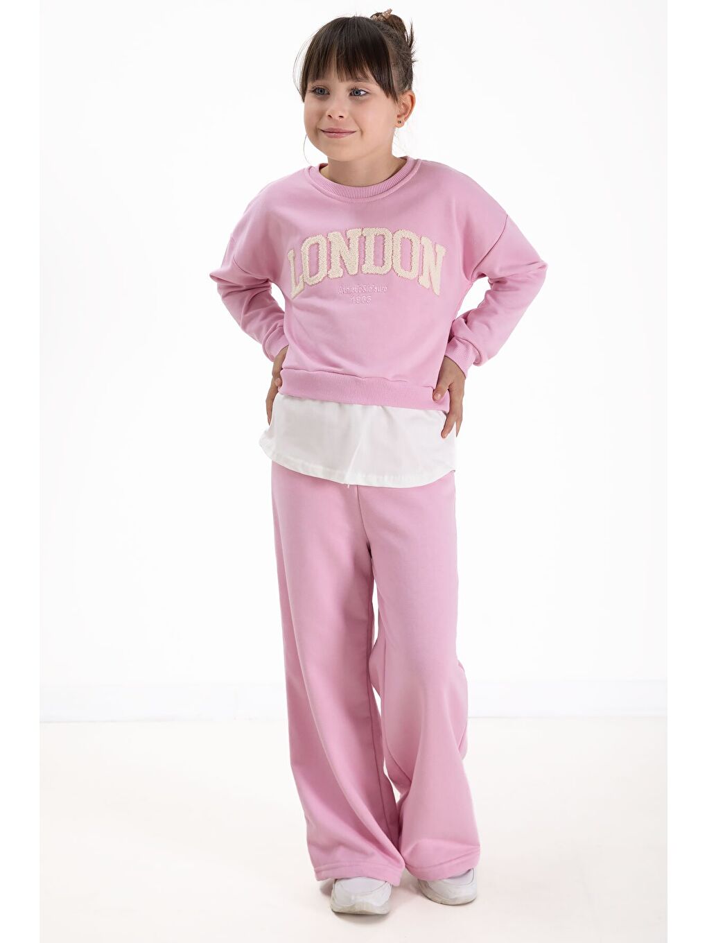 Toz Pembe London Yazılı Nakışlı Kız Çocuk Geniş Paça Eşofman Takımı 22726-2