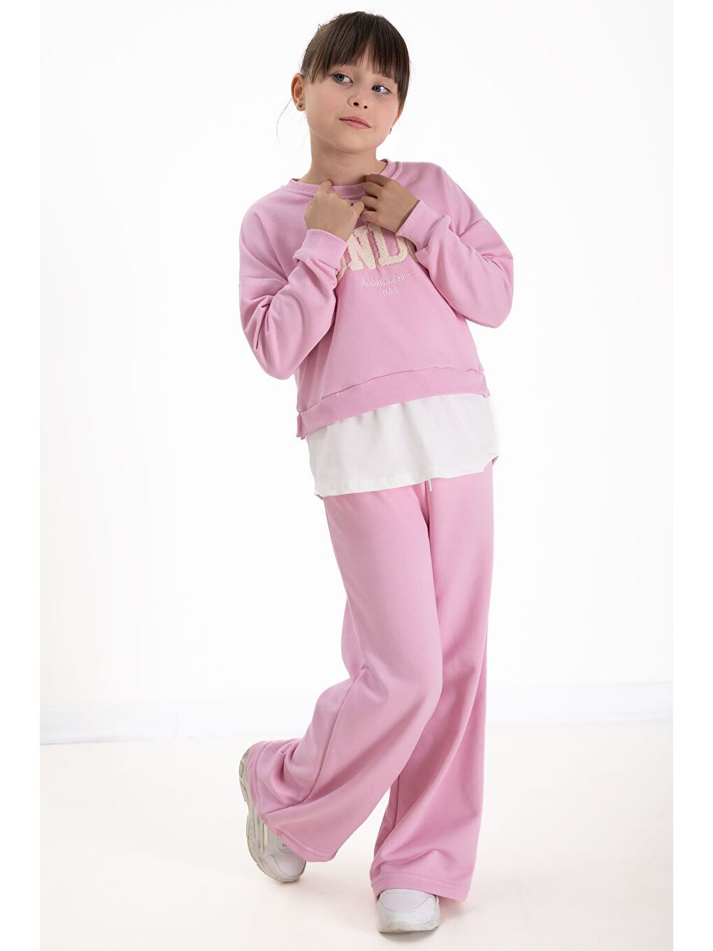 Toz Pembe London Yazılı Nakışlı Kız Çocuk Geniş Paça Eşofman Takımı 22726-3