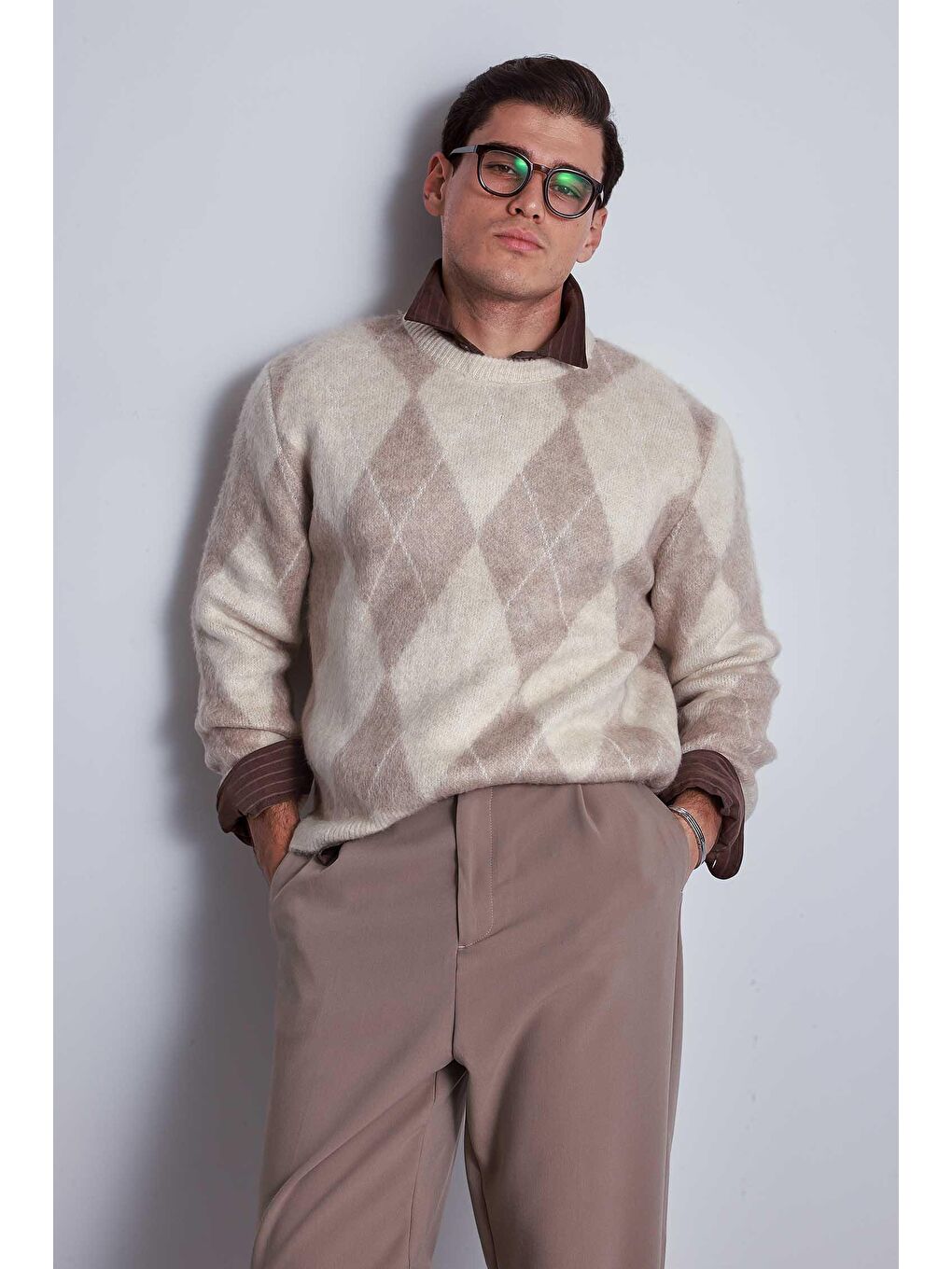 Erkek Baklava Desenli Oversize Kazak Bej-2