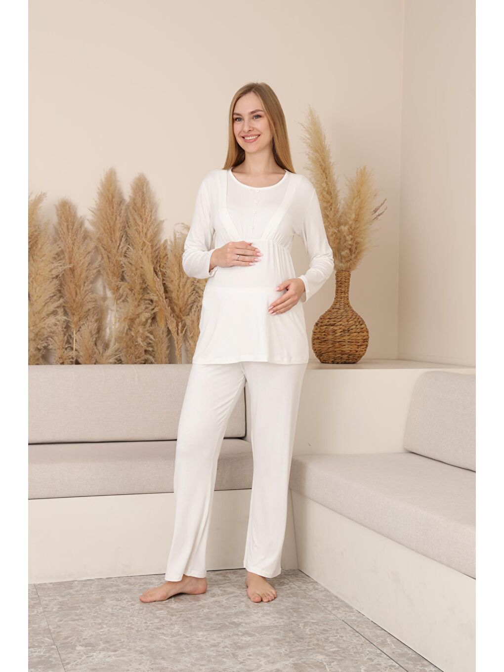 Bej Çizgili Sabahlıklı Emzirmeye Uygun Hamile ve Lohusa Pijama Takımı-4