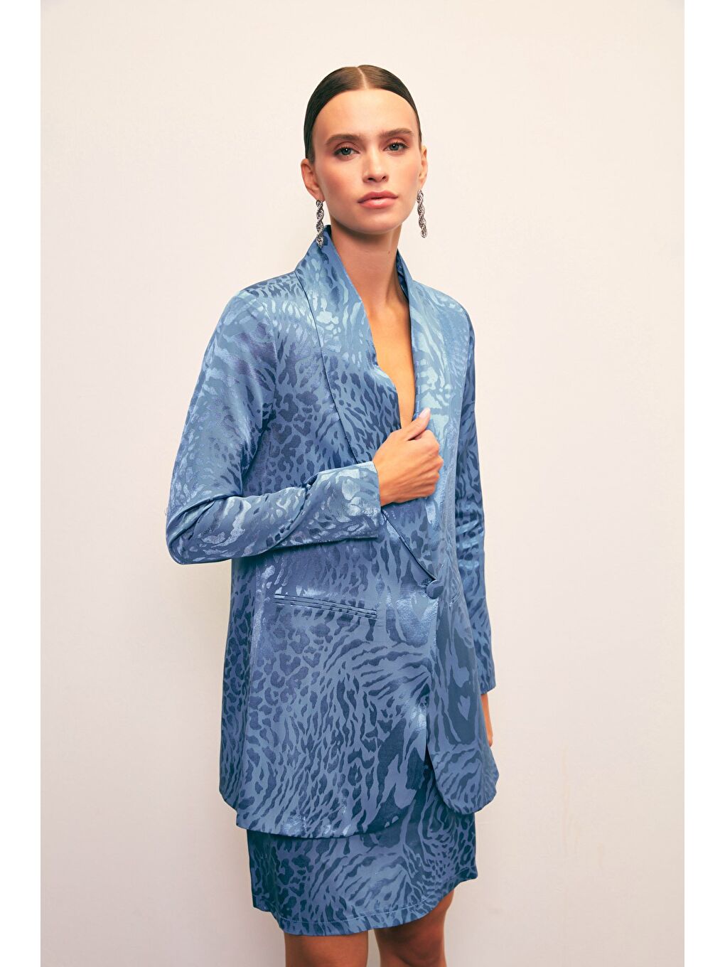 Şal Yaka Desenli Ceket - İndigo-3