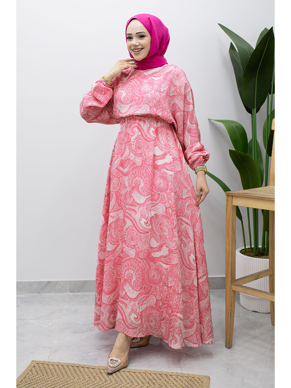 Karışık Desenli Beli Lastikli Elbise Tsd260244 Pembe-1