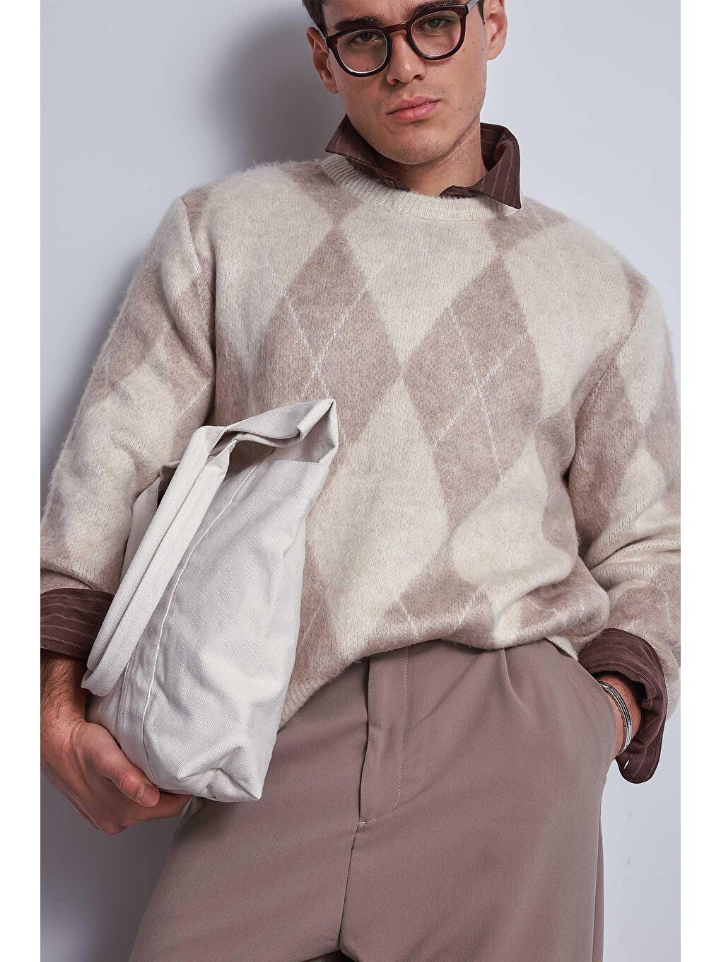 Erkek Baklava Desenli Oversize Kazak Bej-3