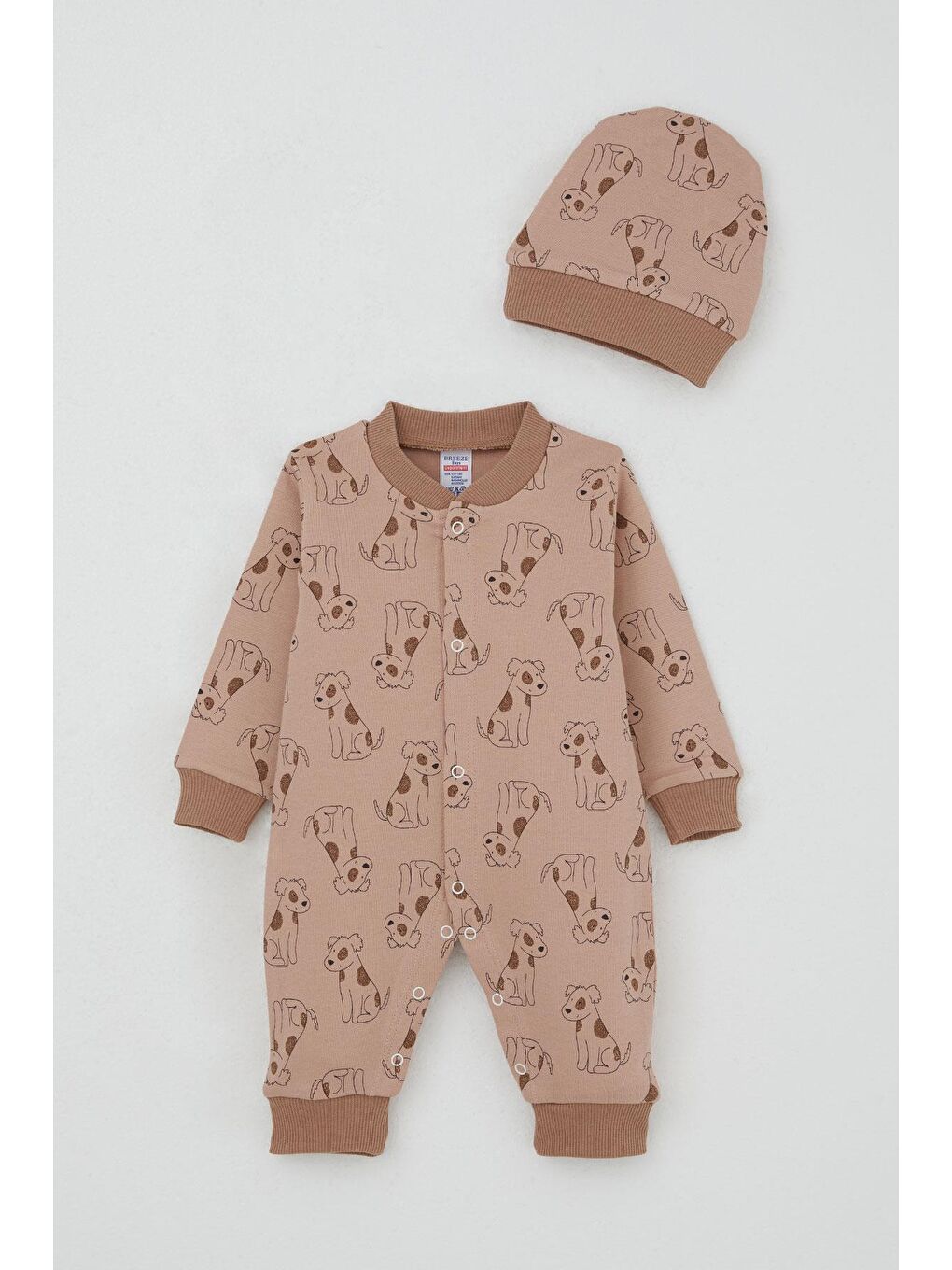 Erkek Bebek Tulum Sevimli Köpekçik Desenli Açık Kahverengi (0-6 Ay)