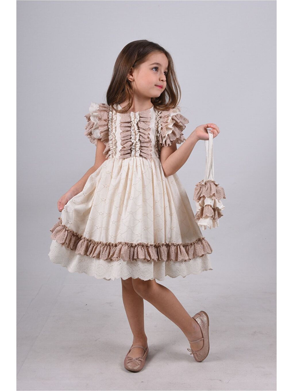 Ekru Kız Çocuk Kısa Elbise_M2326