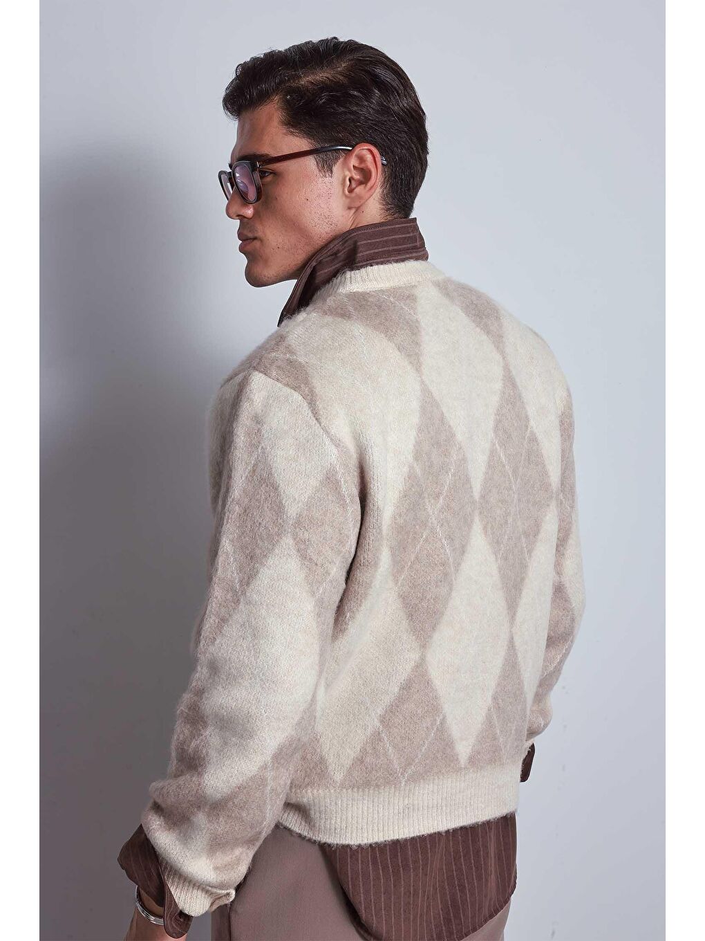 Erkek Baklava Desenli Oversize Kazak Bej-4