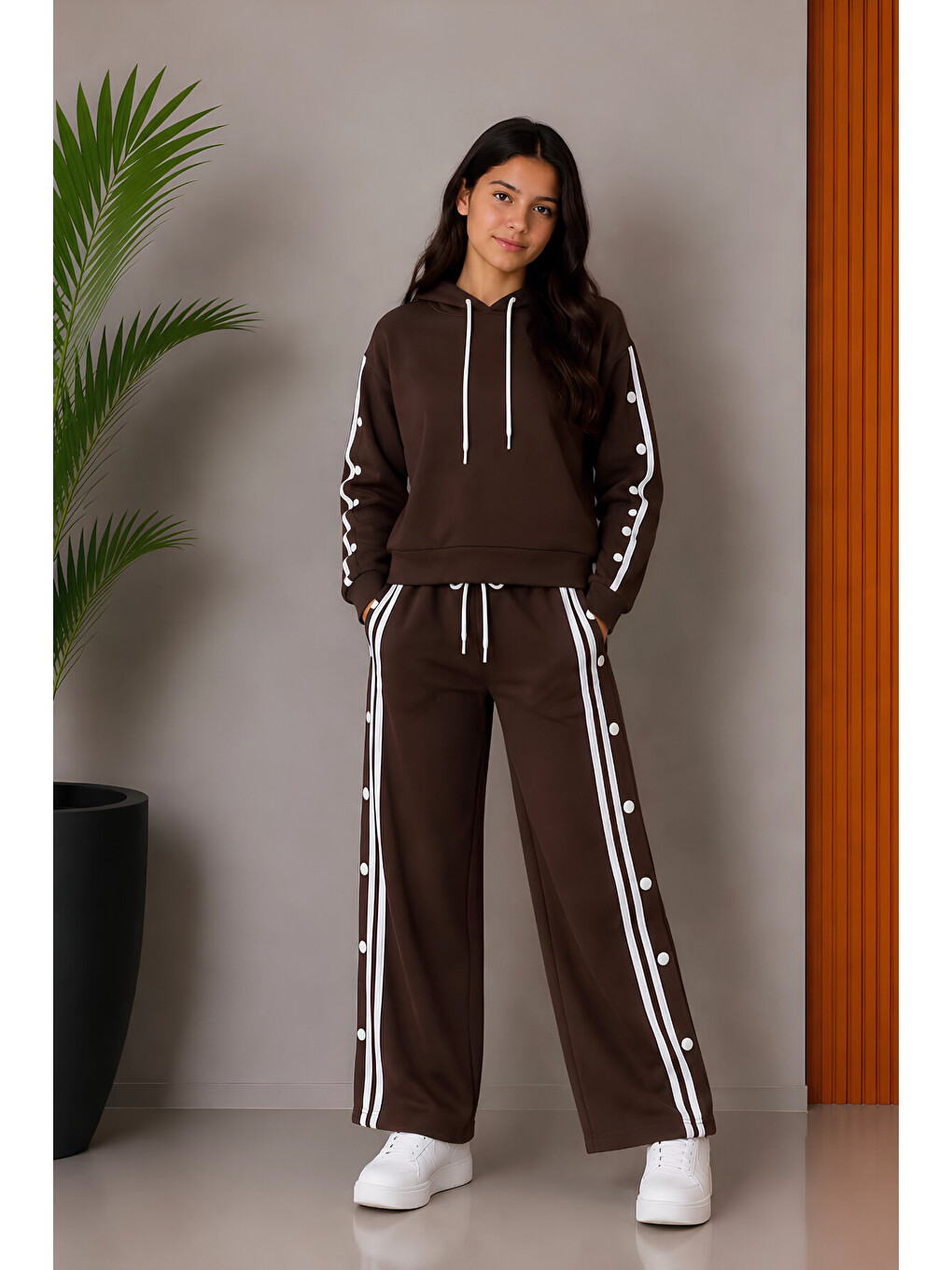 Kahverengi Kız Çocuk Çıtçıtlı+kapüşonlu+double Face Kumaş Alt-üst Takım 5-15 Yaş 12765sk-2