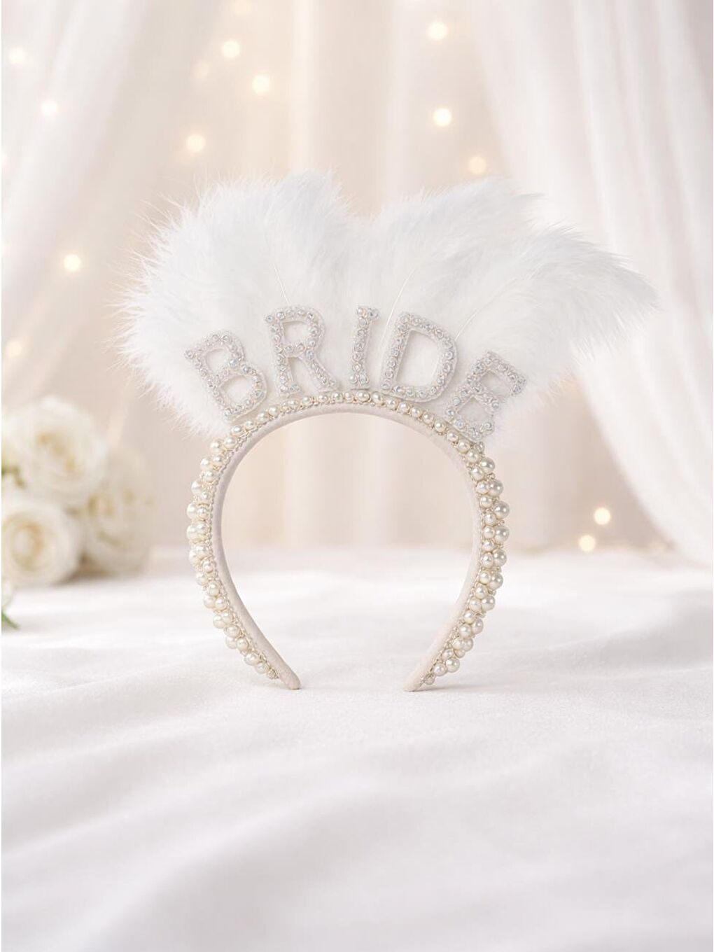 Beyaz Bride İncili Tüylü Gelin Tacı Bekarlığa Veda Partisi Tacı-1