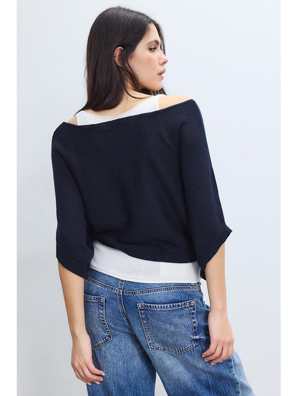 Lacivert Geniş Yaka Çift Katlı Triko Kazak Mg2780-1