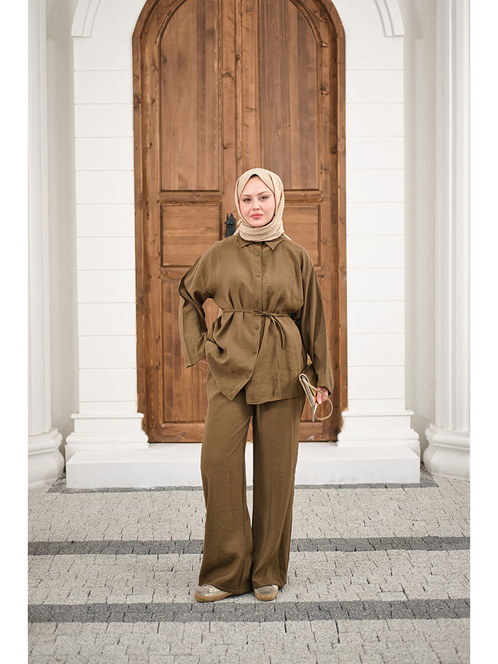 Kadın Gömlek Ve Bel Lastikli Bel Bağlamalı Takım Yağ Yeşil