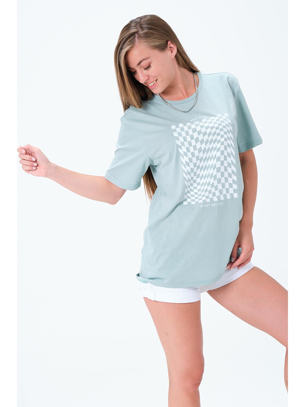 Yeşil Bisiklet Yaka Self Love İlizyon Baskılı Beyaz Oversize Kadın Tişört-1