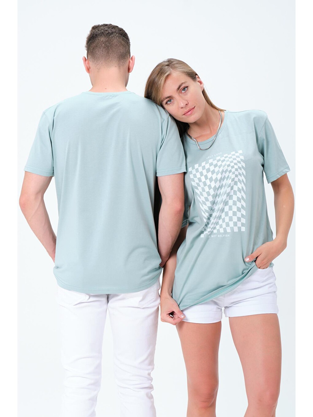 Yeşil Bisiklet Yaka Self Love İlizyon Baskılı Beyaz Oversize Kadın Tişört-2