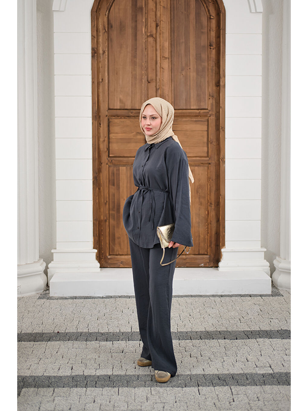 Kadın Gömlek Ve Bel Lastikli Bel Bağlamalı Takım Antrasit-2