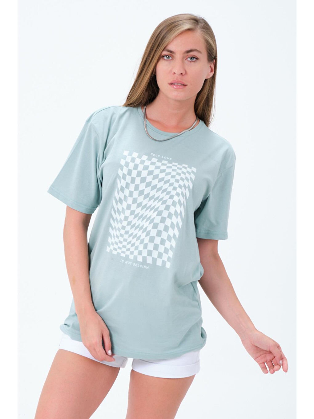 Yeşil Bisiklet Yaka Self Love İlizyon Baskılı Beyaz Oversize Kadın Tişört-3