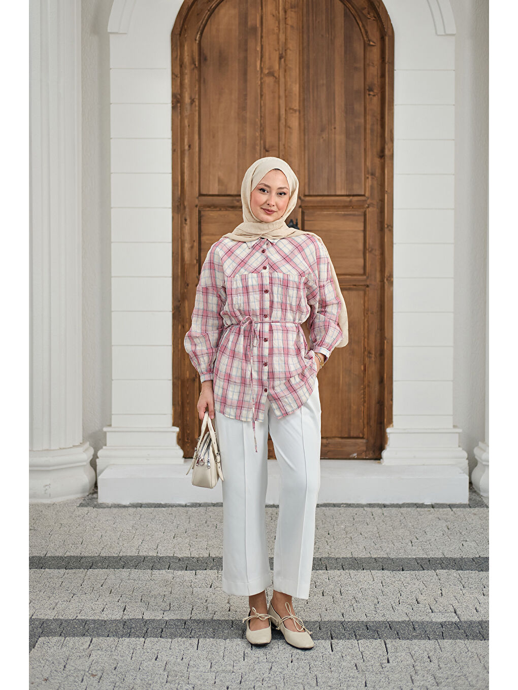 Kadın Ekose Desen Bel Bağlamalı Gömlek Pembe-2