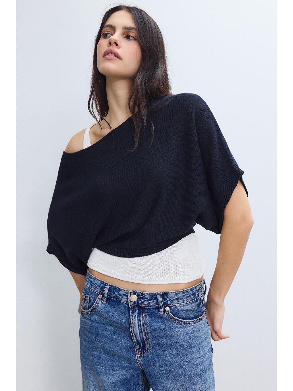 Lacivert Geniş Yaka Çift Katlı Triko Kazak Mg2780-2