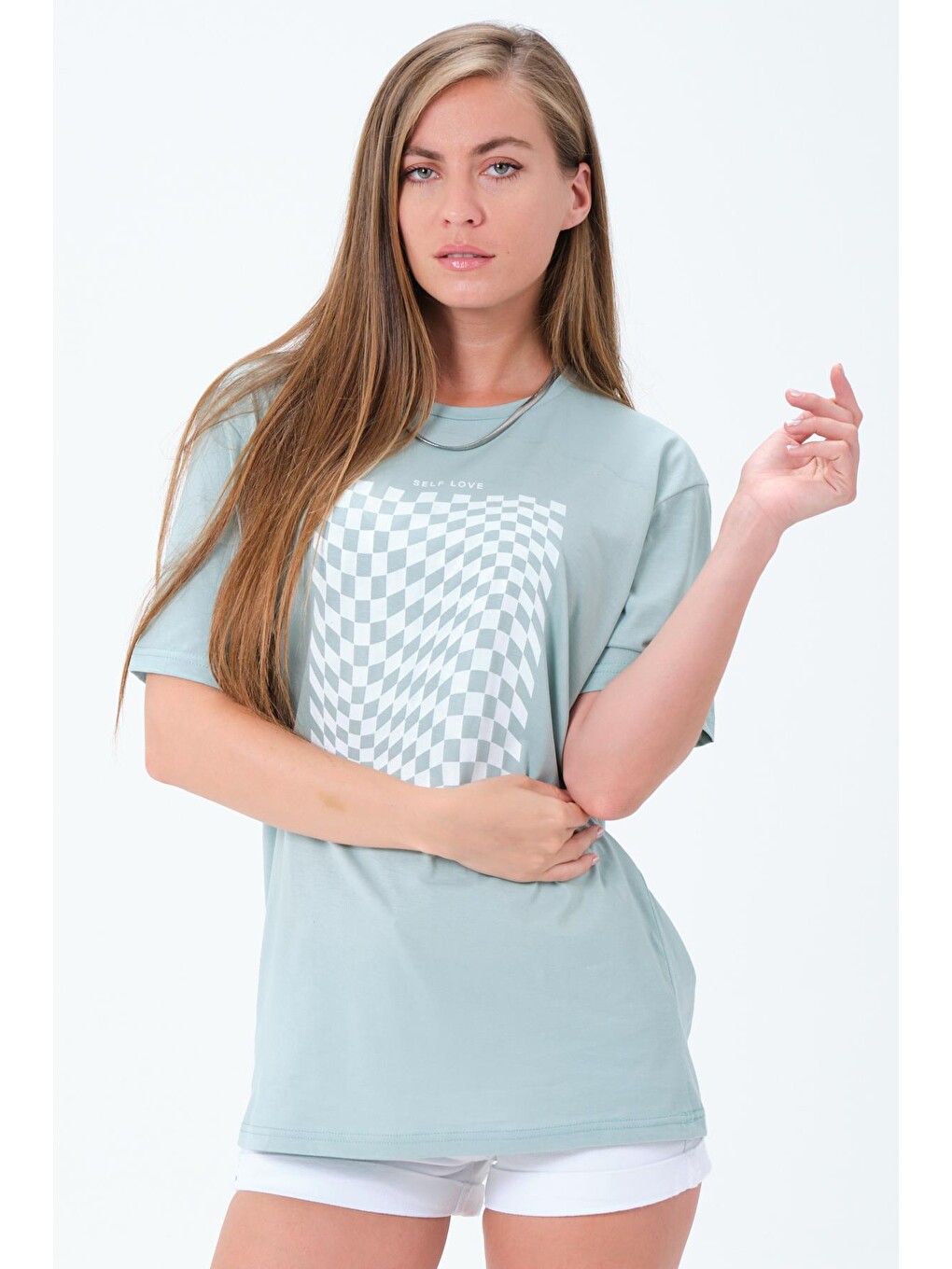 Yeşil Bisiklet Yaka Self Love İlizyon Baskılı Beyaz Oversize Kadın Tişört-4