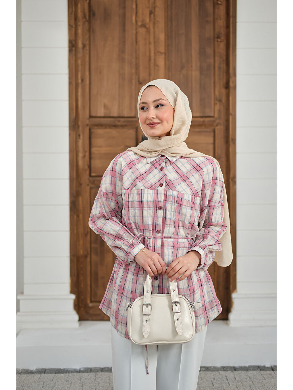 Kadın Ekose Desen Bel Bağlamalı Gömlek Pembe-3