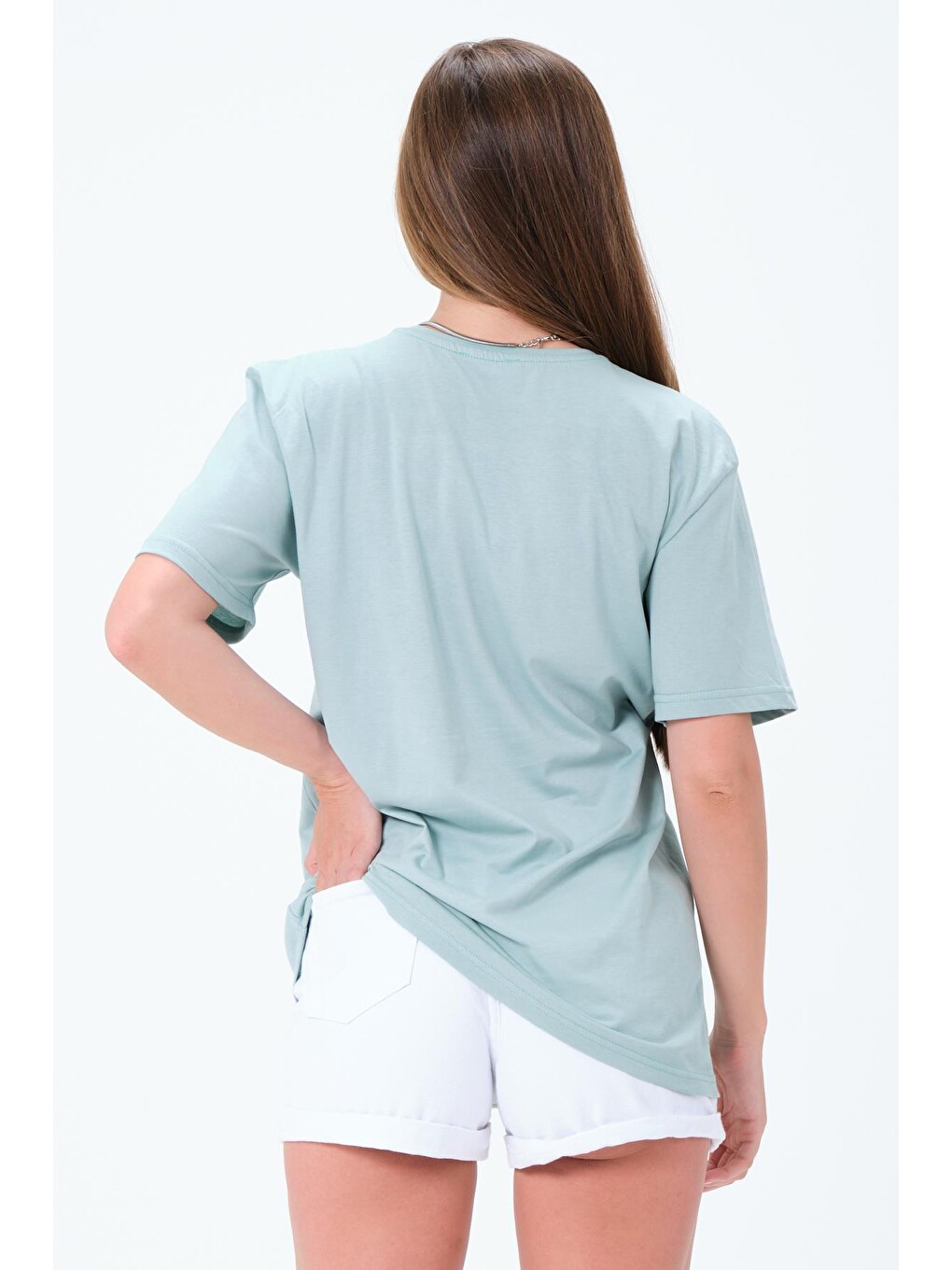 Yeşil Bisiklet Yaka Self Love İlizyon Baskılı Beyaz Oversize Kadın Tişört-5