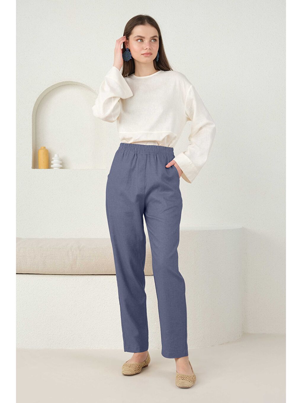 Keten Havuç Pantolon Jean Mavi-2