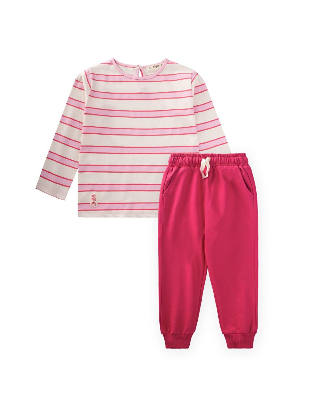 Çizgili Uzun Kollu T-Shırt Takım 2-12 Yaş Fuşya Pembe Çizgili