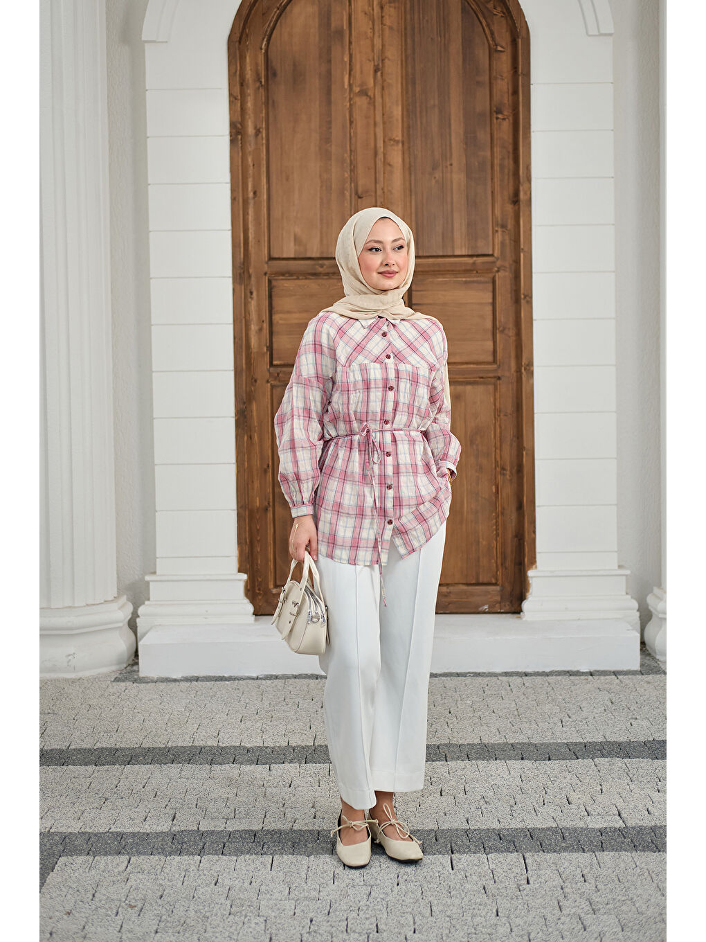 Kadın Ekose Desen Bel Bağlamalı Gömlek Pembe-4